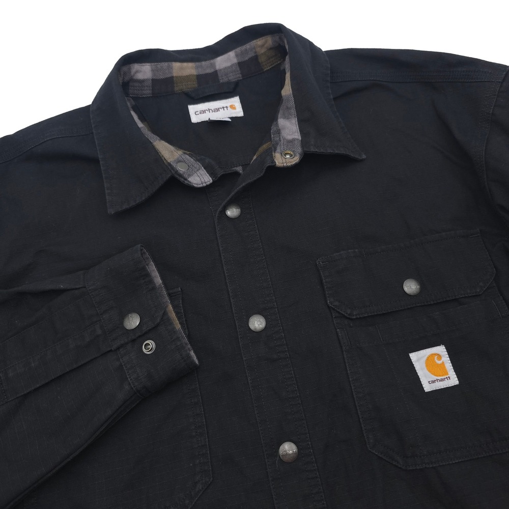 Carhartt Mens XL Black Ripstop Flannel Lined Snap Front Shirt Jacket Workwear